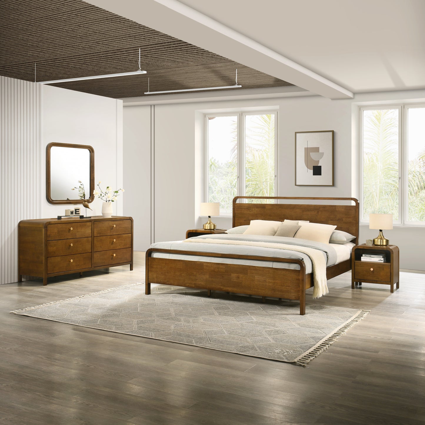 Roundhill Furniture Eldren Wood Bedroom Set, Platform Bed with Dresser, Mirror, and Two Nightstands in Walnut Finish