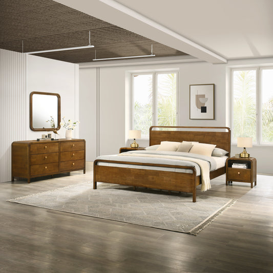Roundhill Furniture Eldren Wood Bedroom Set, Platform Bed with Dresser, Mirror, and Two Nightstands in Walnut Finish