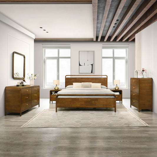 Roundhill Furniture Eldren Wood Bedroom Set, Platform Bed with Dresser, Mirror, Two Nightstands, Chest in Walnut Finish