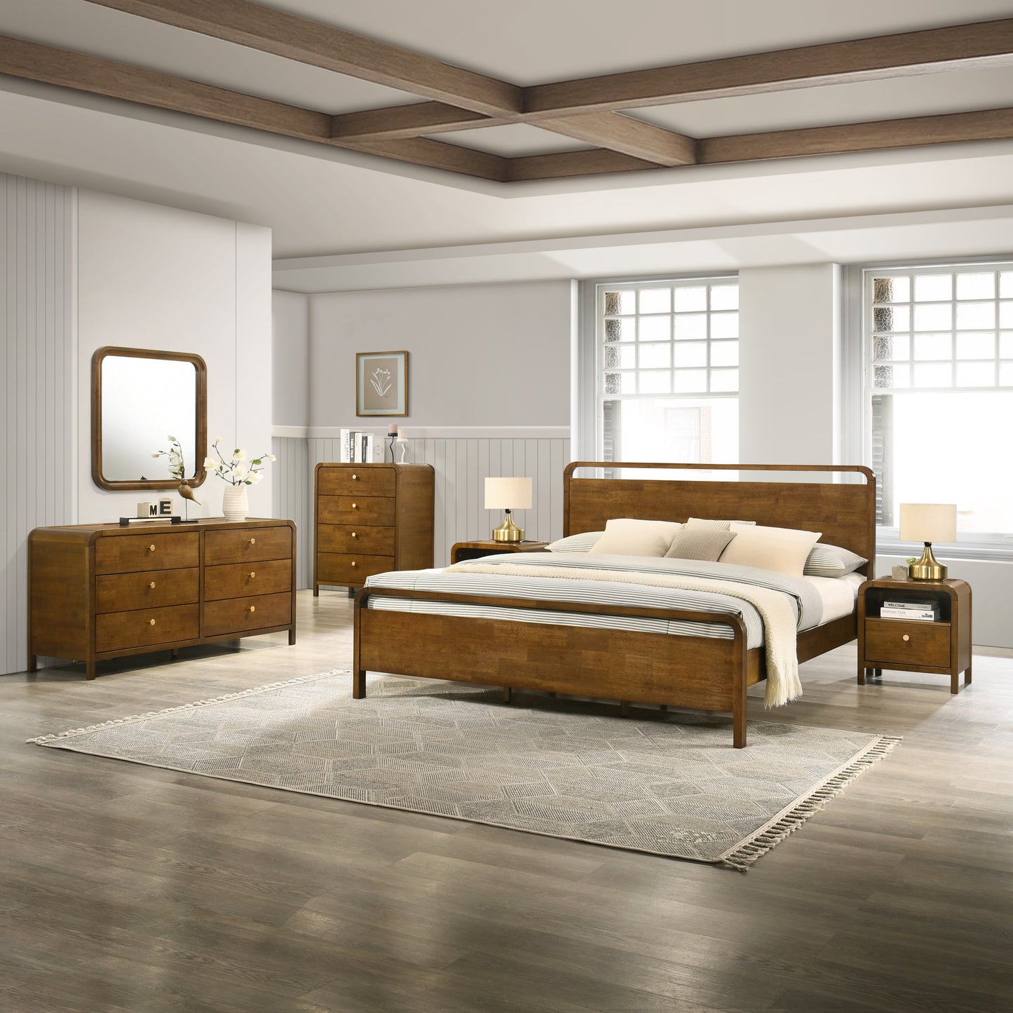 Roundhill Furniture Eldren Wood Bedroom Set, Platform Bed with Dresser, Mirror, Two Nightstands, Chest in Walnut Finish