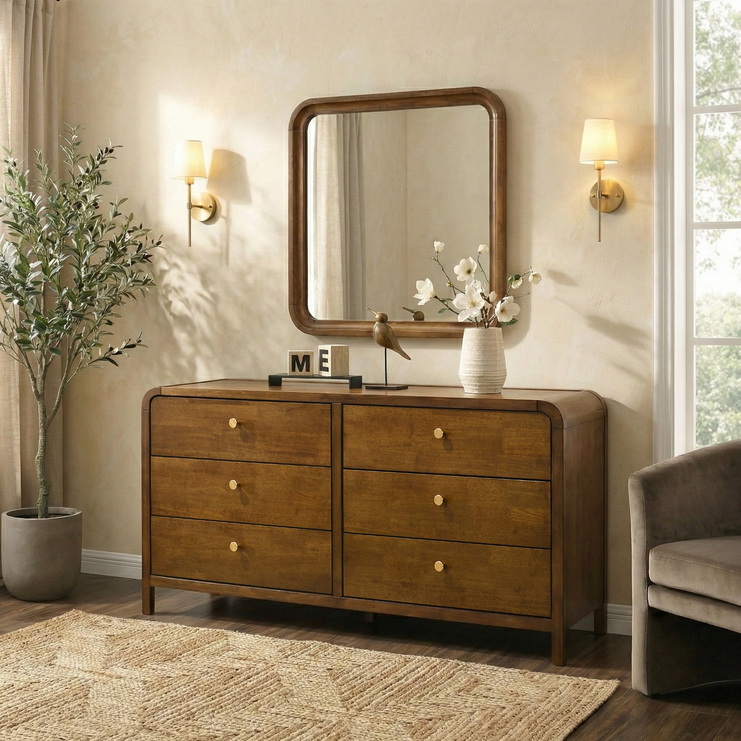 Roundhill Furniture Eldren Wood Bedroom Set, Platform Bed with Dresser, Mirror, and Two Nightstands in Walnut Finish