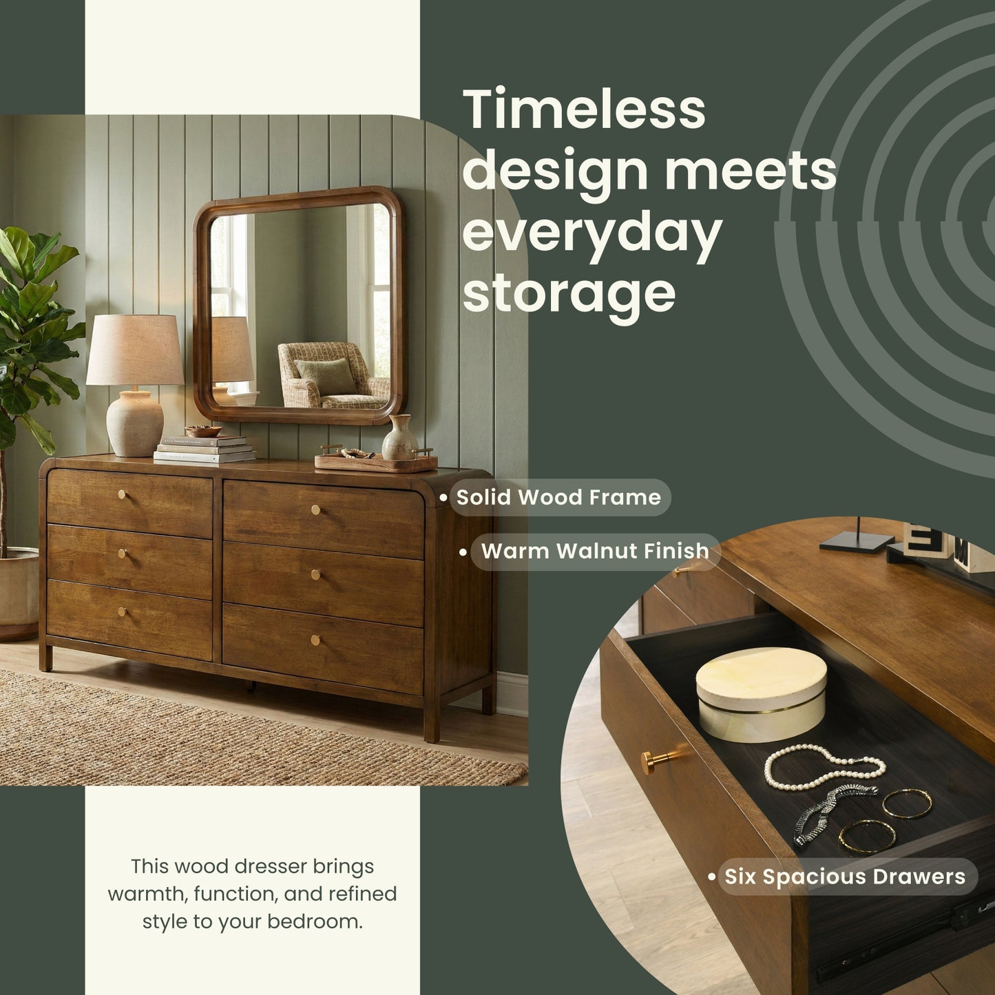 Roundhill Furniture Eldren Wood Bedroom Set, Platform Bed with Dresser, Mirror, and Two Nightstands in Walnut Finish