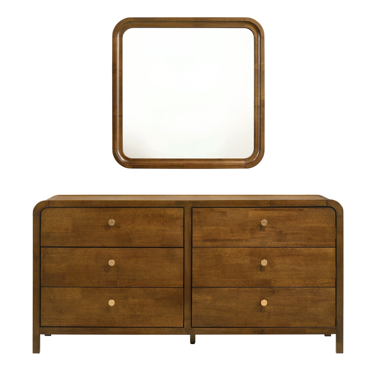 Roundhill Furniture Eldren Wood Bedroom Set, Platform Bed with Dresser, Mirror, and Two Nightstands in Walnut Finish