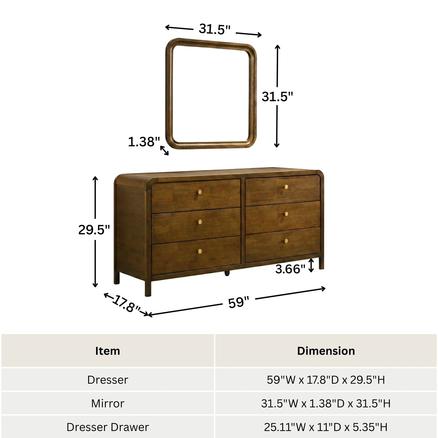 Roundhill Furniture Eldren Wood Bedroom Set, Platform Bed with Dresser, Mirror, and Two Nightstands in Walnut Finish