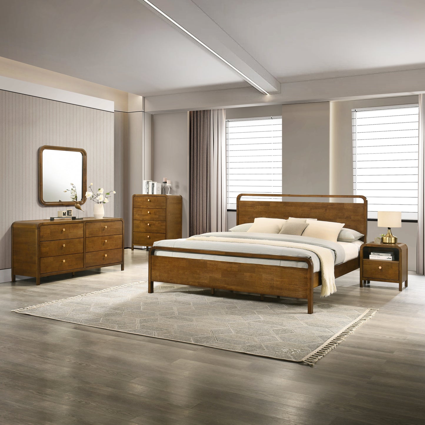 Roundhill Furniture Eldren Wood Bedroom Set, Platform Bed with Dresser, Mirror, Nightstand, Chest in Walnut Finish