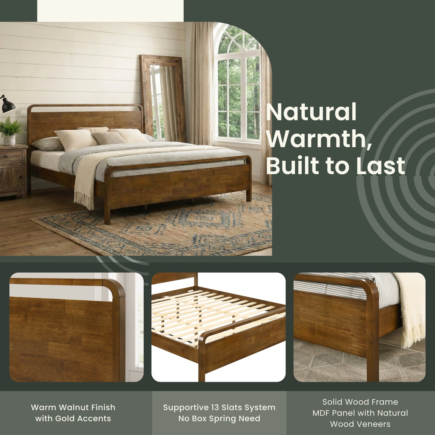 Roundhill Furniture Eldren Wood Bedroom Set, Platform Bed with Dresser, Mirror, Nightstand, Chest in Walnut Finish
