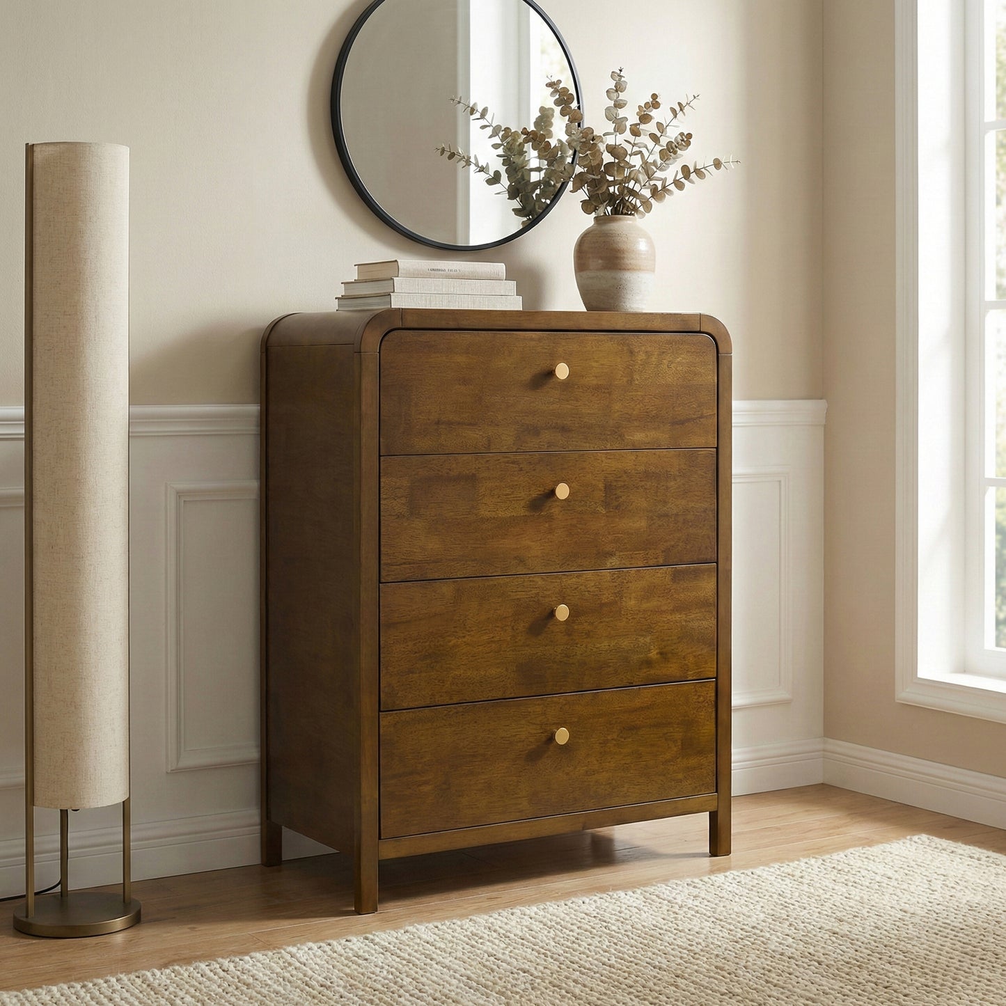 Roundhill Furniture Eldren Wood Bedroom Set, Platform Bed with Dresser, Mirror, Nightstand, Chest in Walnut Finish