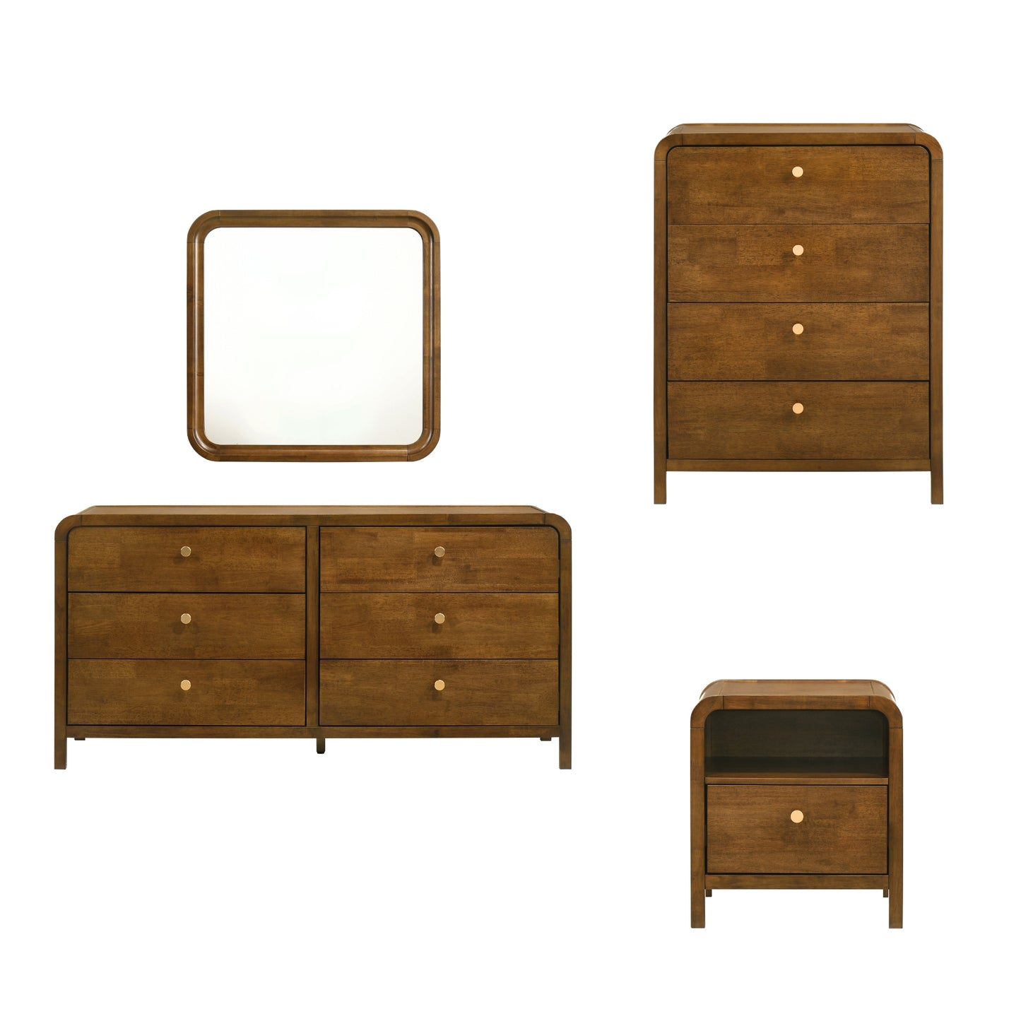 Roundhill Furniture Eldren Wood Bedroom Set, Platform Bed with Dresser, Mirror, Nightstand, Chest in Walnut Finish