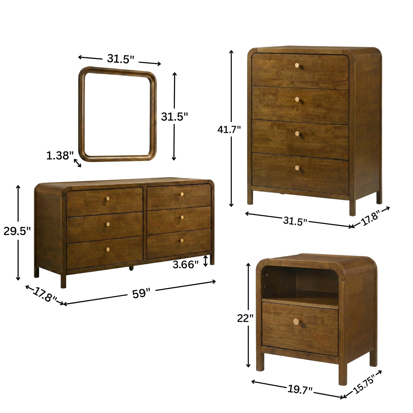 Roundhill Furniture Eldren Wood Bedroom Set, Platform Bed with Dresser, Mirror, Nightstand, Chest in Walnut Finish