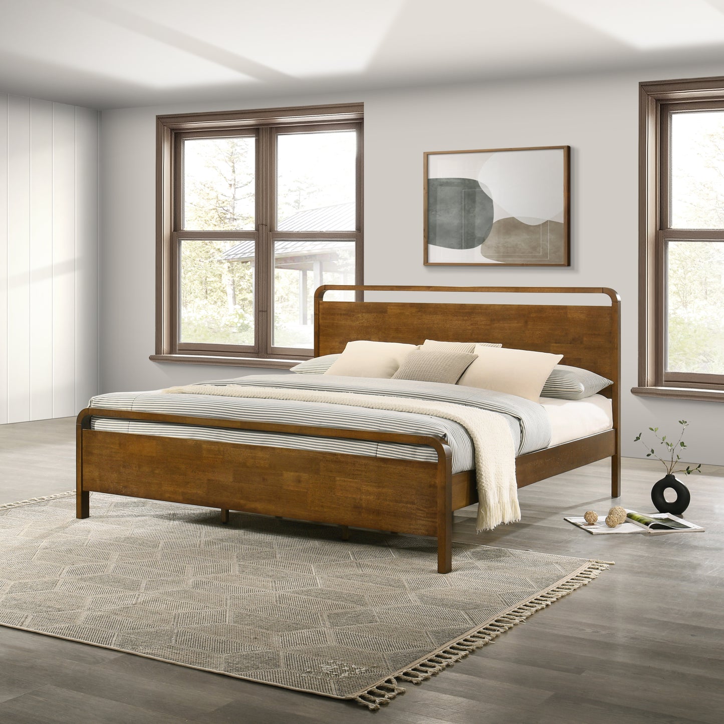 Roundhill Furniture Eldren Wood Bedroom Set, Platform Bed with Two Nightstands in Walnut Finish