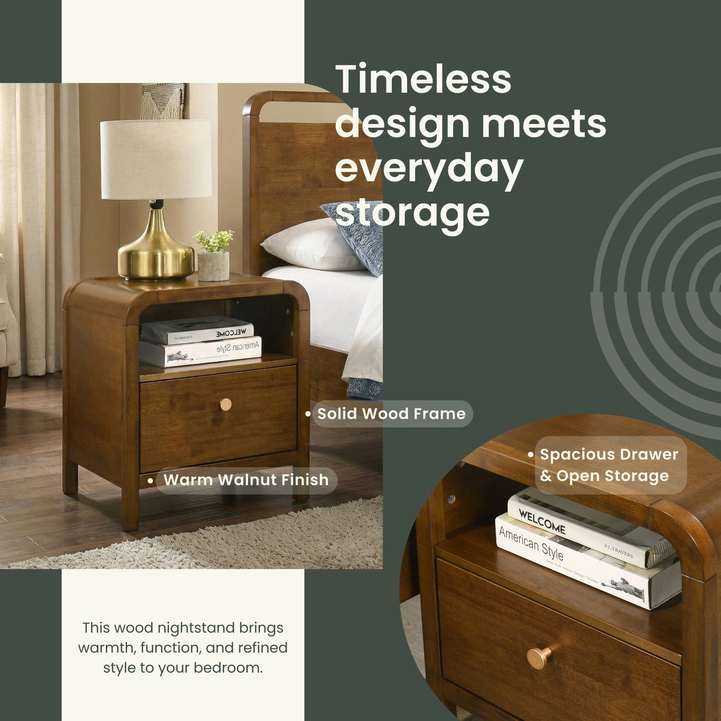 Roundhill Furniture Eldren Wood Bedroom Set, Platform Bed with Two Nightstands in Walnut Finish