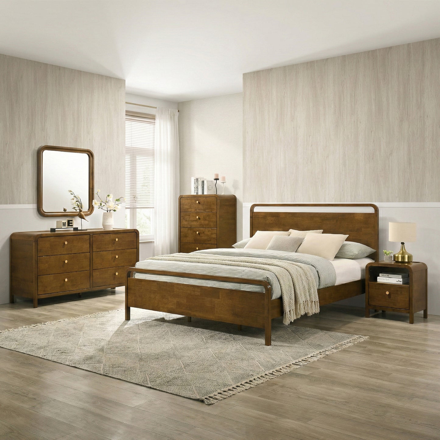 Roundhill Furniture Eldren Wood Bedroom Set, Platform Bed with Dresser, Mirror, Nightstand, Chest in Walnut Finish