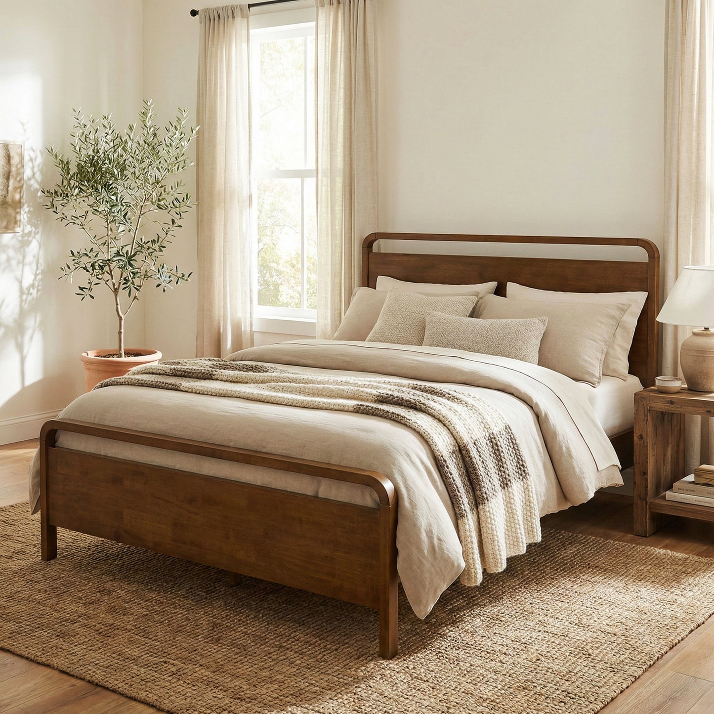 Roundhill Furniture Eldren Wood Bedroom Set, Platform Bed with Dresser, Mirror, and Two Nightstands in Walnut Finish