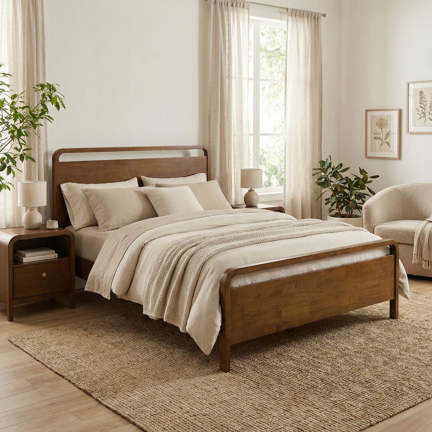 Roundhill Furniture Eldren Wood Bedroom Set, Platform Bed with Two Nightstands in Walnut Finish