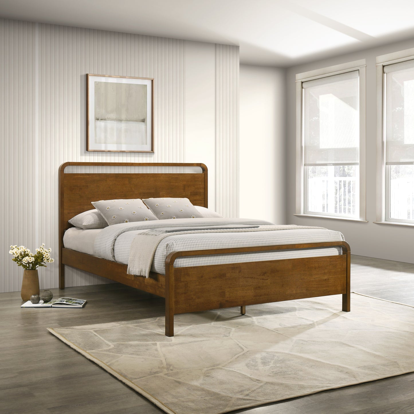 Roundhill Furniture Eldren Wood Bedroom Set, Platform Bed with Dresser, Mirror, and Nightstand in Walnut Finish