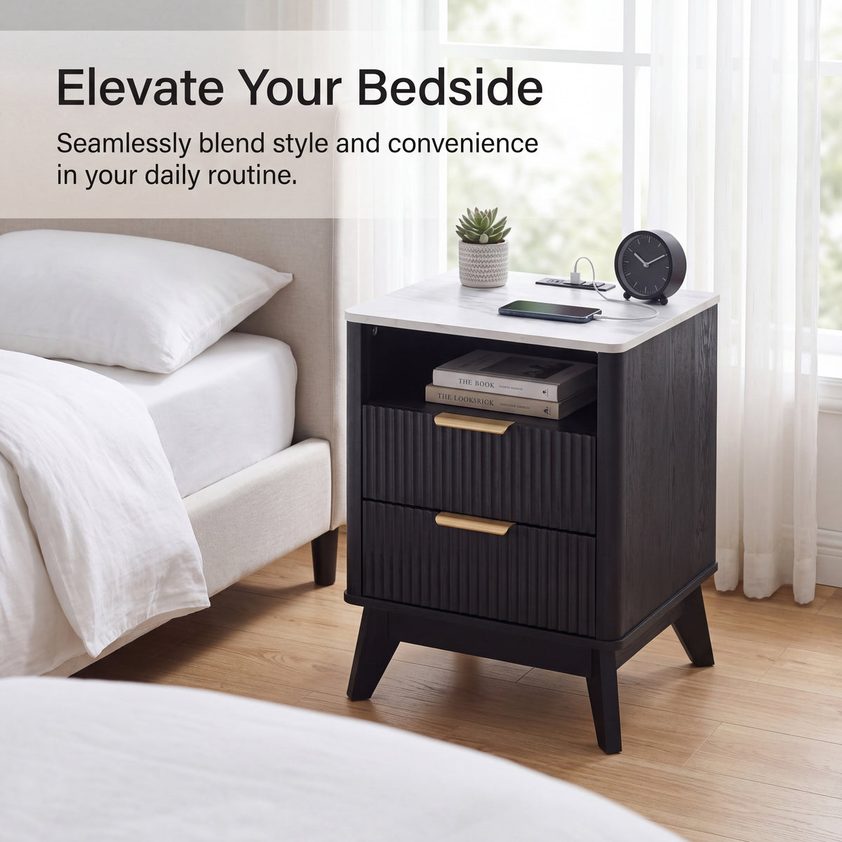 Roundhill Furniture Lyra Mid-Century Modern 2-Drawer Nightstand with Charging Station, Black