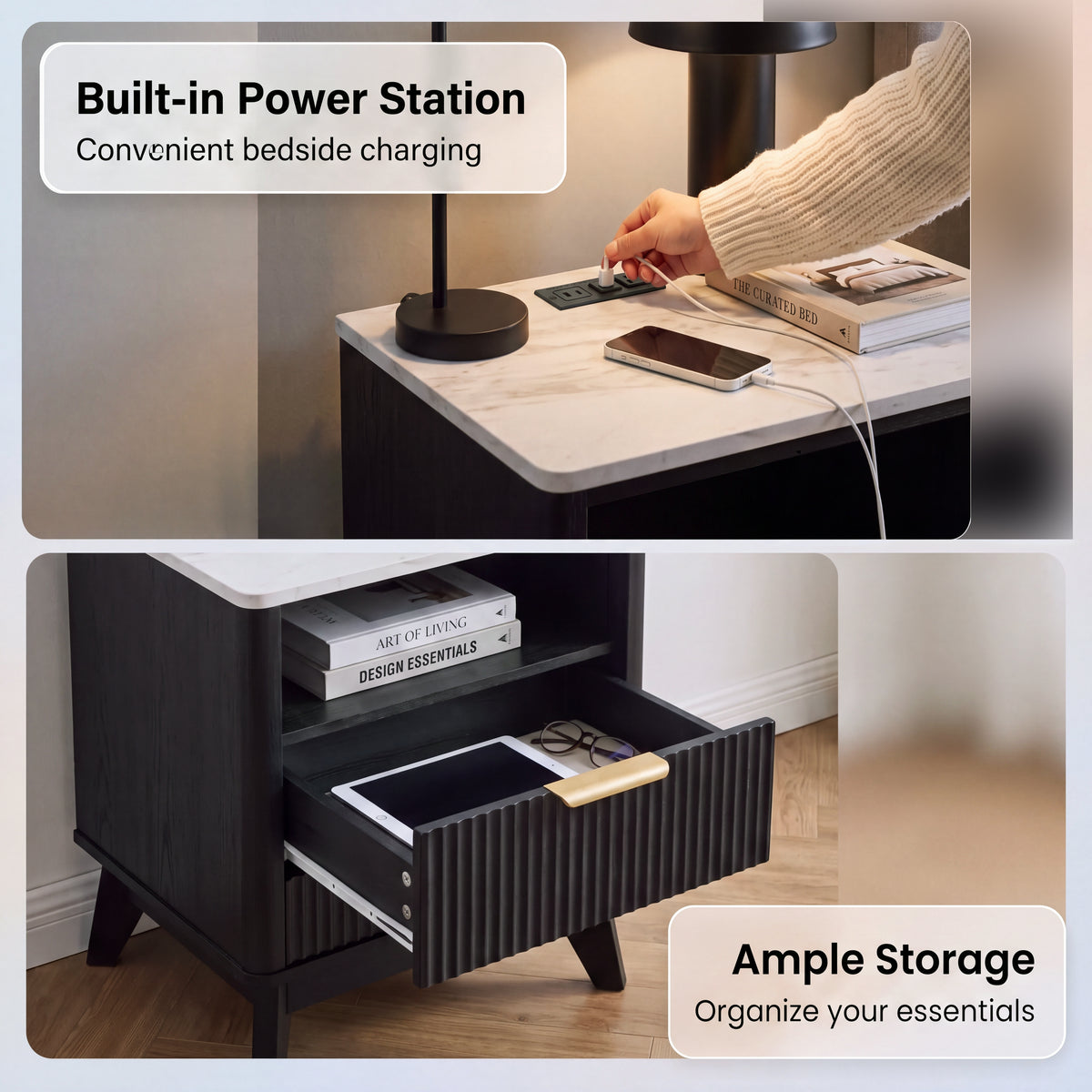 Roundhill Furniture Lyra Mid-Century Modern 2-Drawer Nightstand with Charging Station, Black
