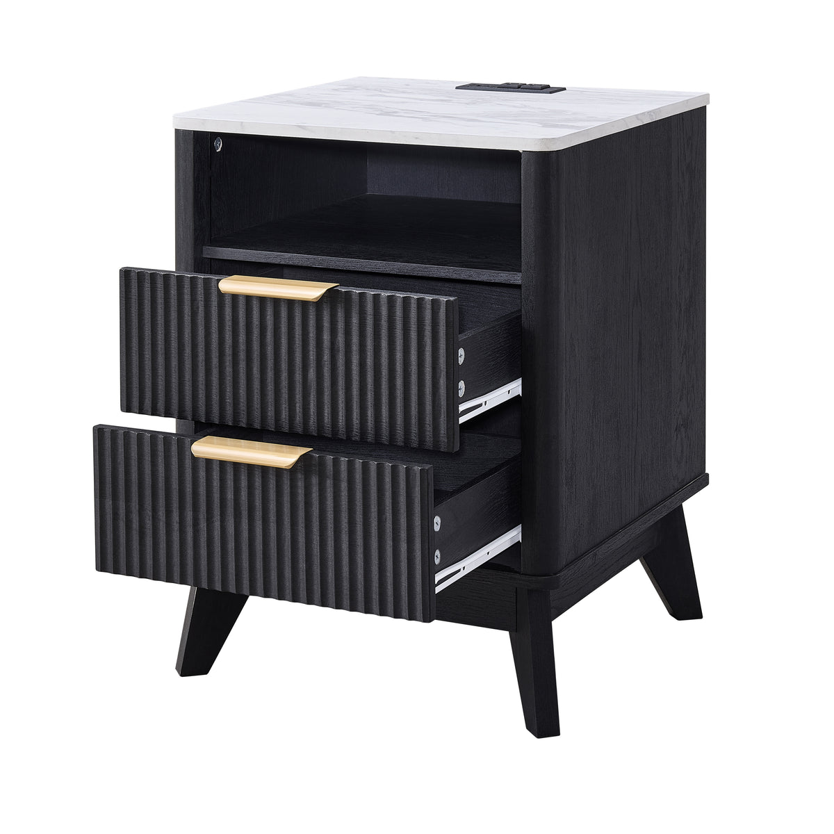 Roundhill Furniture Lyra Mid-Century Modern 2-Drawer Nightstand with Charging Station, Black