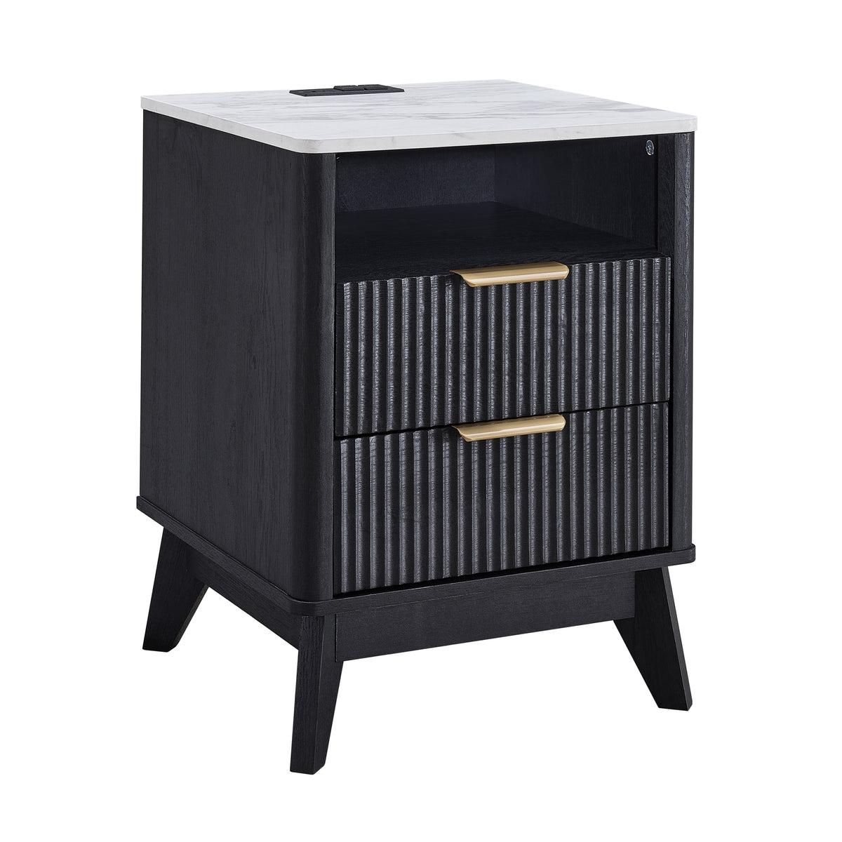 Roundhill Furniture Lyra Mid-Century Modern 2-Drawer Nightstand with Charging Station, Black