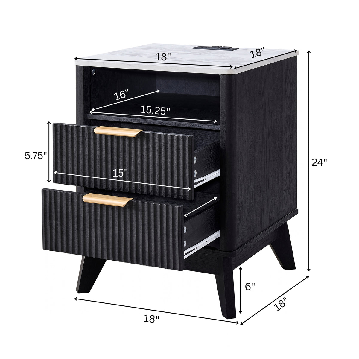 Roundhill Furniture Lyra Mid-Century Modern 2-Drawer Nightstand with Charging Station, Black