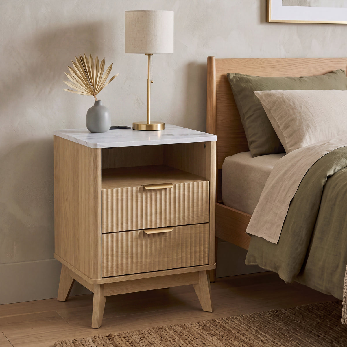 Roundhill Furniture Lyra Mid-Century Modern 2-Drawer Nightstand with Charging Station, Black