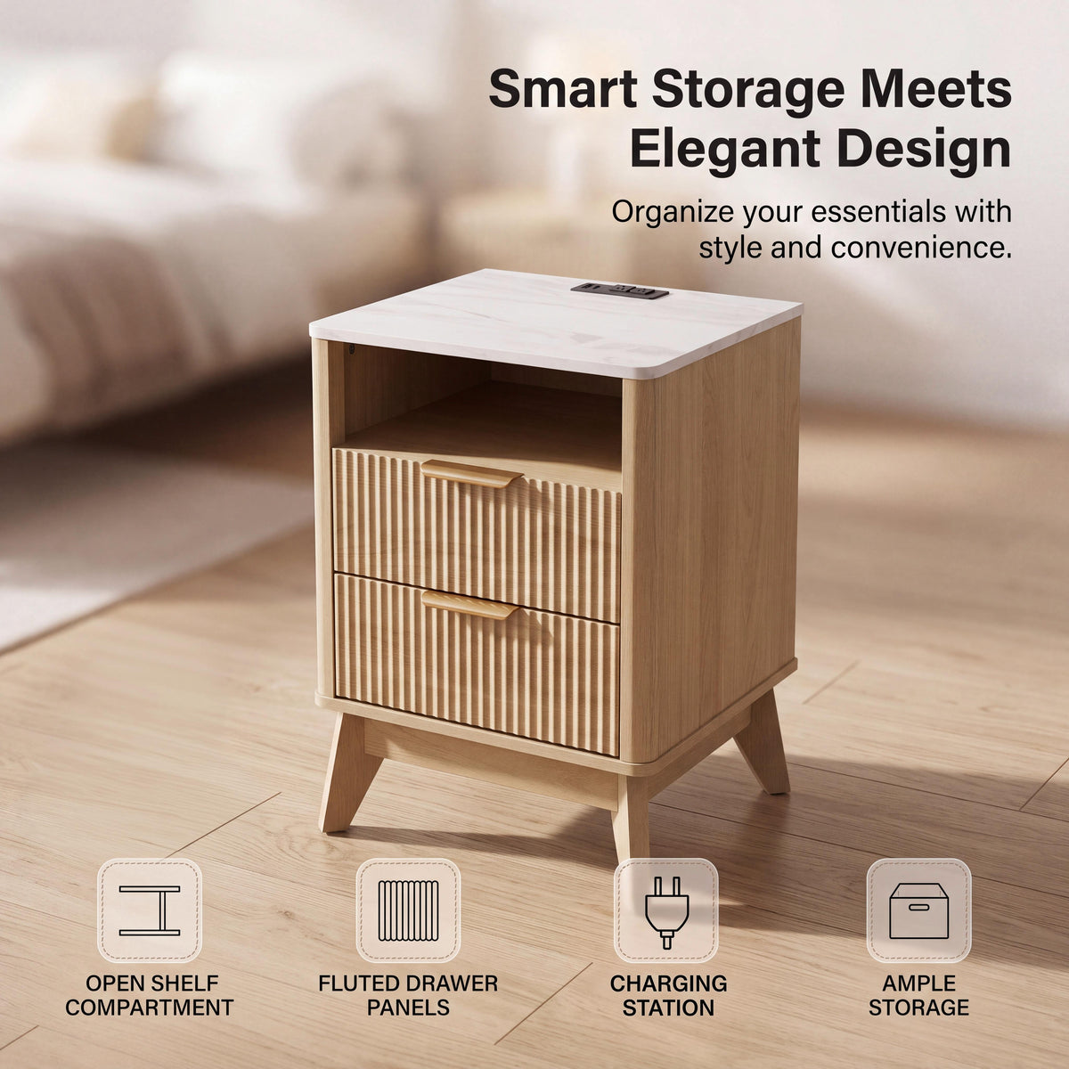 Roundhill Furniture Lyra Mid-Century Modern 2-Drawer Nightstand with Charging Station, Black