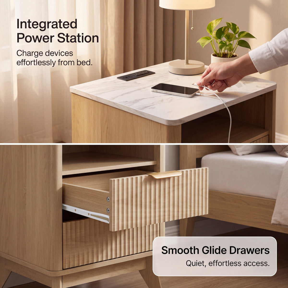 Roundhill Furniture Lyra Mid-Century Modern 2-Drawer Nightstand with Charging Station, Black
