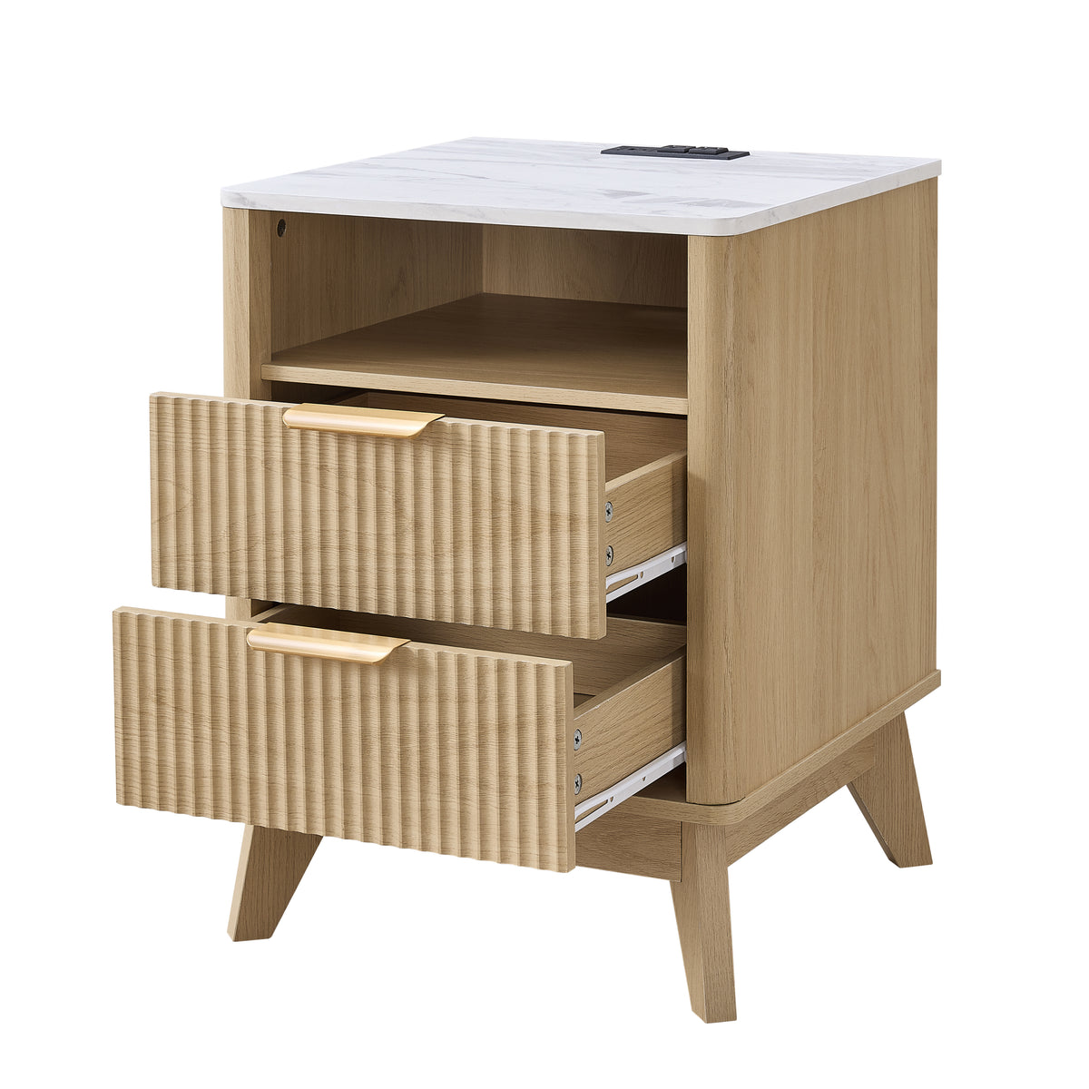 Roundhill Furniture Lyra Mid-Century Modern 2-Drawer Nightstand with Charging Station, Black