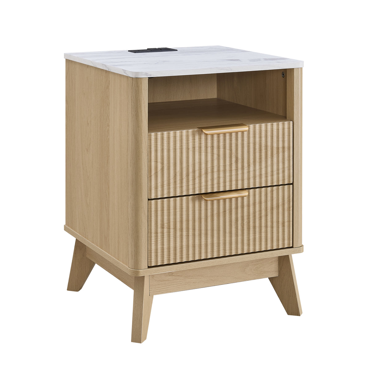 Roundhill Furniture Lyra Mid-Century Modern 2-Drawer Nightstand with Charging Station, Black