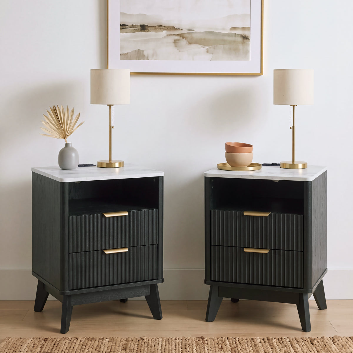 Roundhill Furniture Lyra Mid-Century Modern 2-Drawer Nightstands with Charging Station, Set of 2