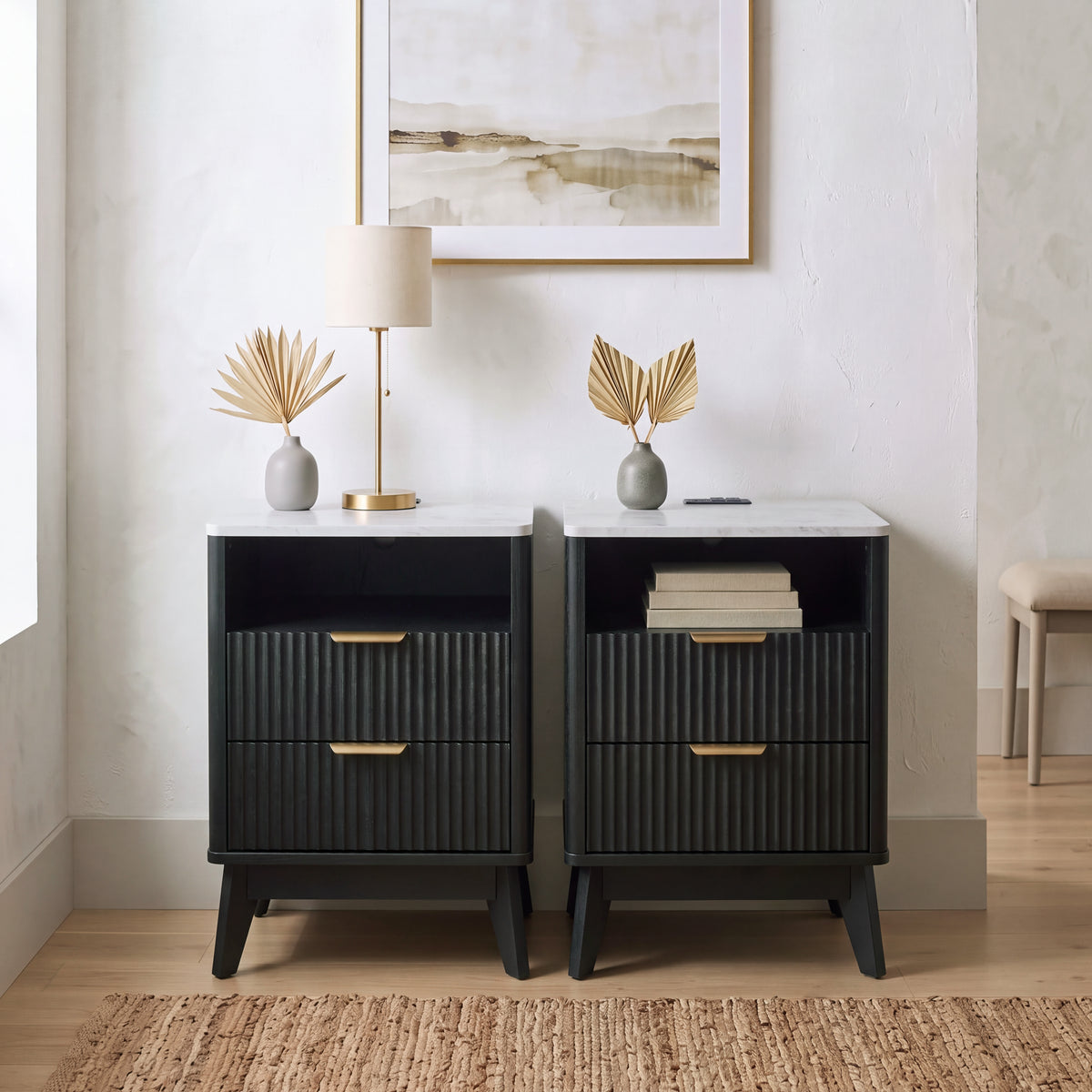 Roundhill Furniture Lyra Mid-Century Modern 2-Drawer Nightstands with Charging Station, Set of 2
