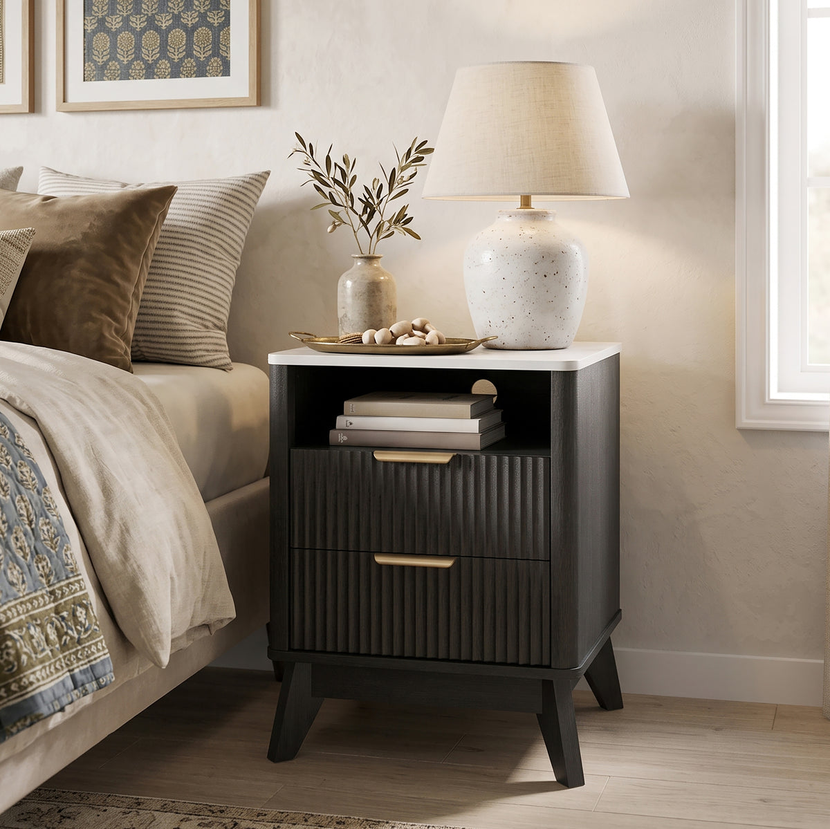 Roundhill Furniture Lyra Mid-Century Modern 2-Drawer Nightstands with Charging Station, Set of 2