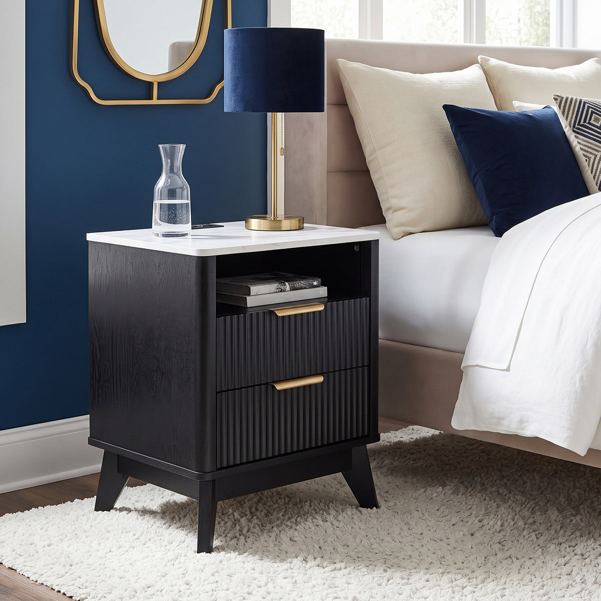 Roundhill Furniture Lyra Mid-Century Modern 2-Drawer Nightstands with Charging Station, Set of 2