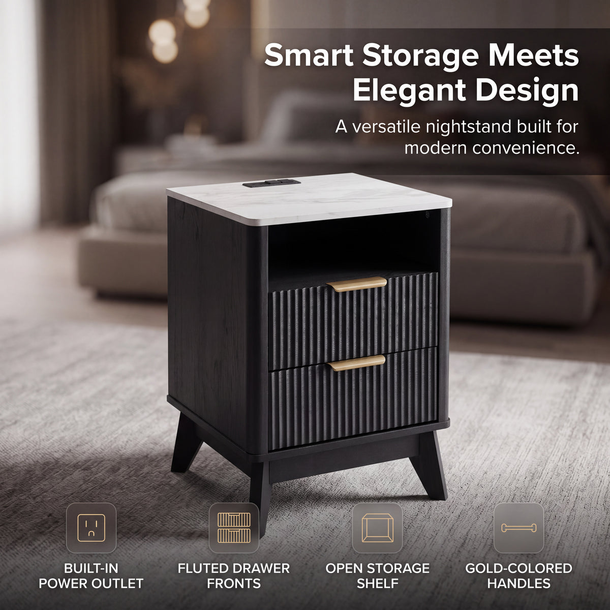 Roundhill Furniture Lyra Mid-Century Modern 2-Drawer Nightstands with Charging Station, Set of 2