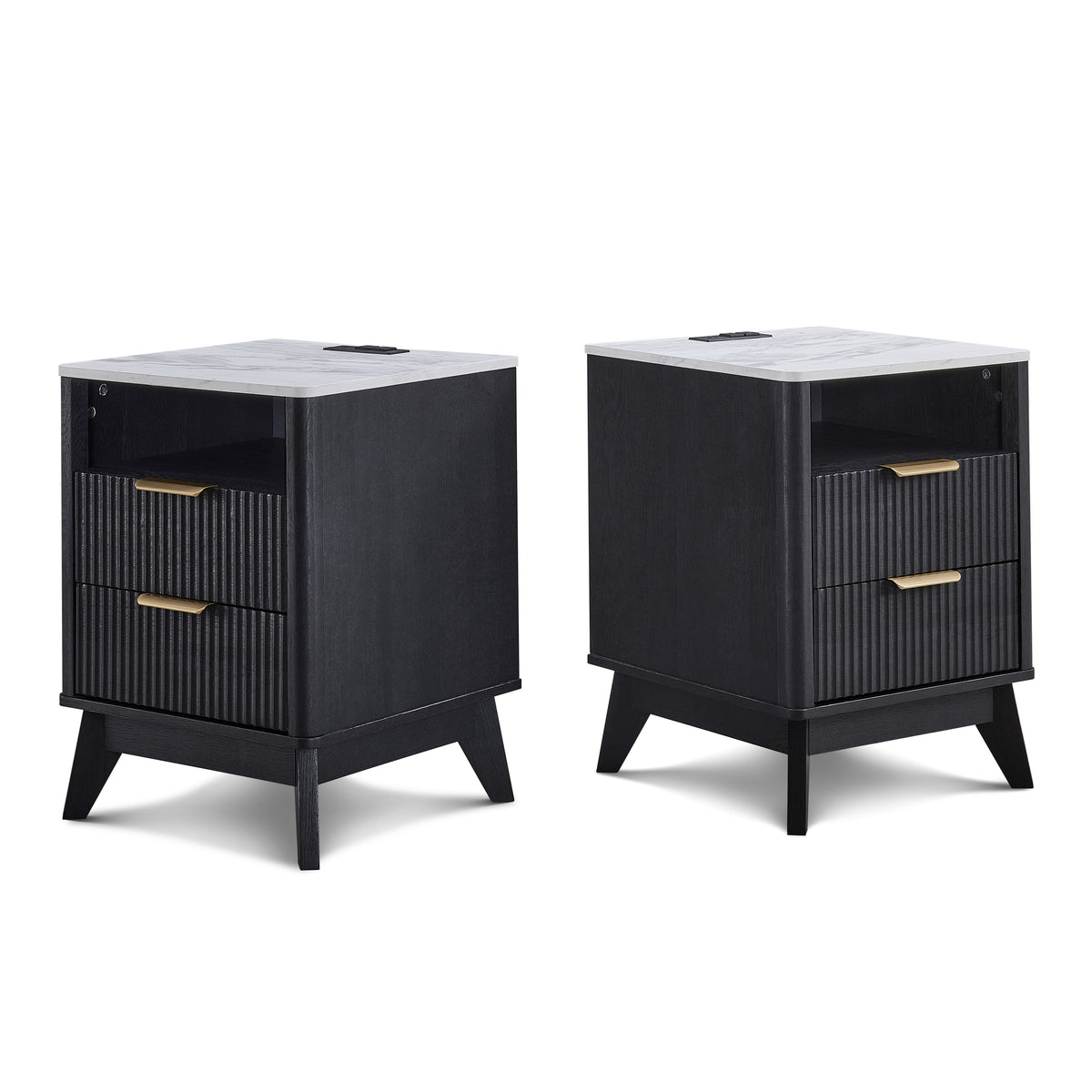 Roundhill Furniture Lyra Mid-Century Modern 2-Drawer Nightstands with Charging Station, Set of 2