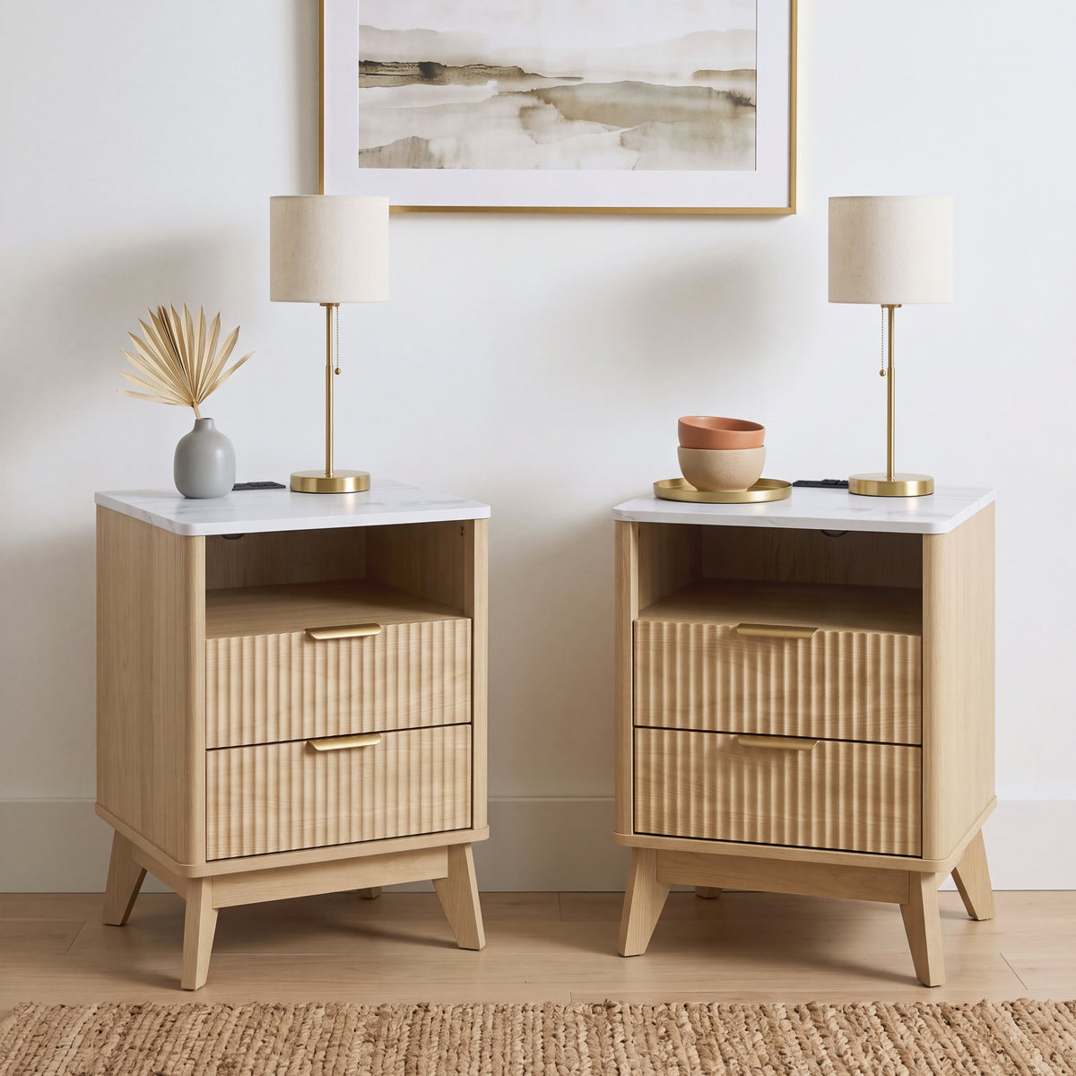 Roundhill Furniture Lyra Mid-Century Modern 2-Drawer Nightstands with Charging Station, Set of 2