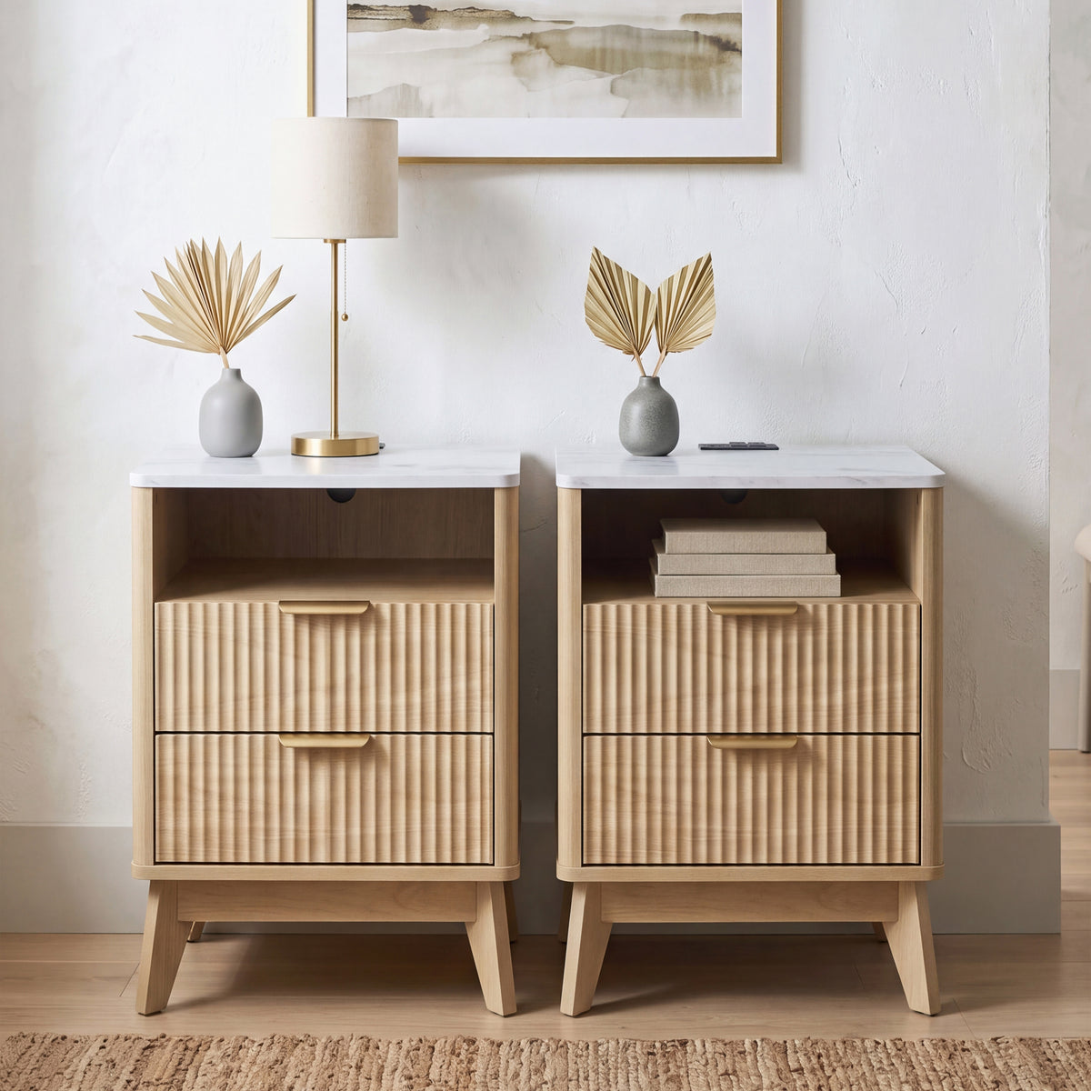 Roundhill Furniture Lyra Mid-Century Modern 2-Drawer Nightstands with Charging Station, Set of 2