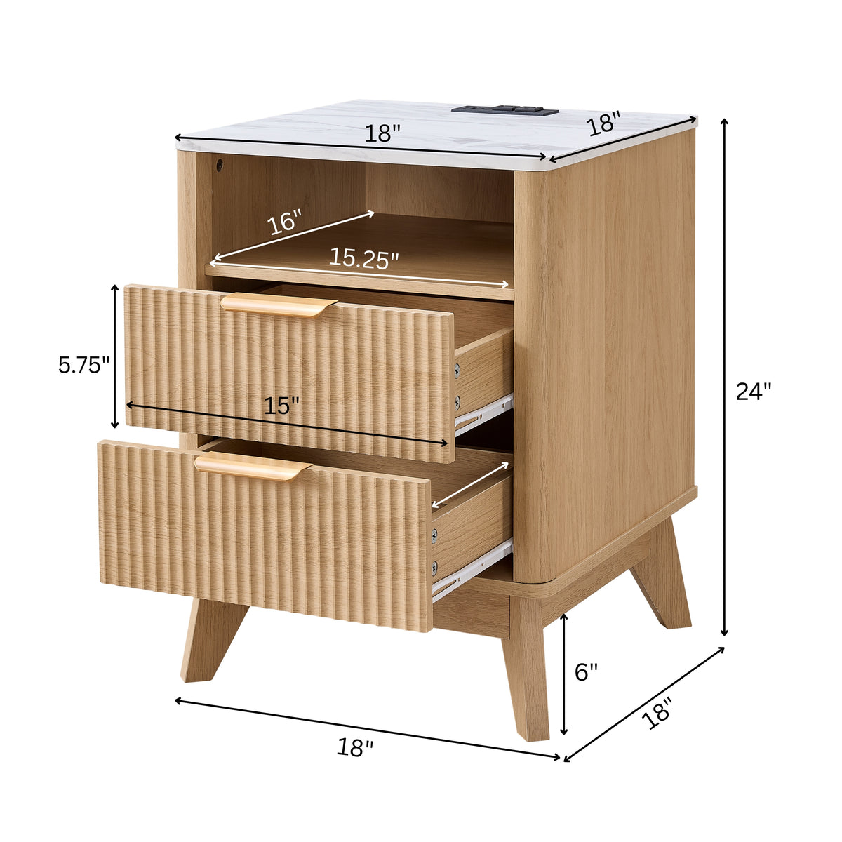 Roundhill Furniture Lyra Mid-Century Modern 2-Drawer Nightstands with Charging Station, Set of 2
