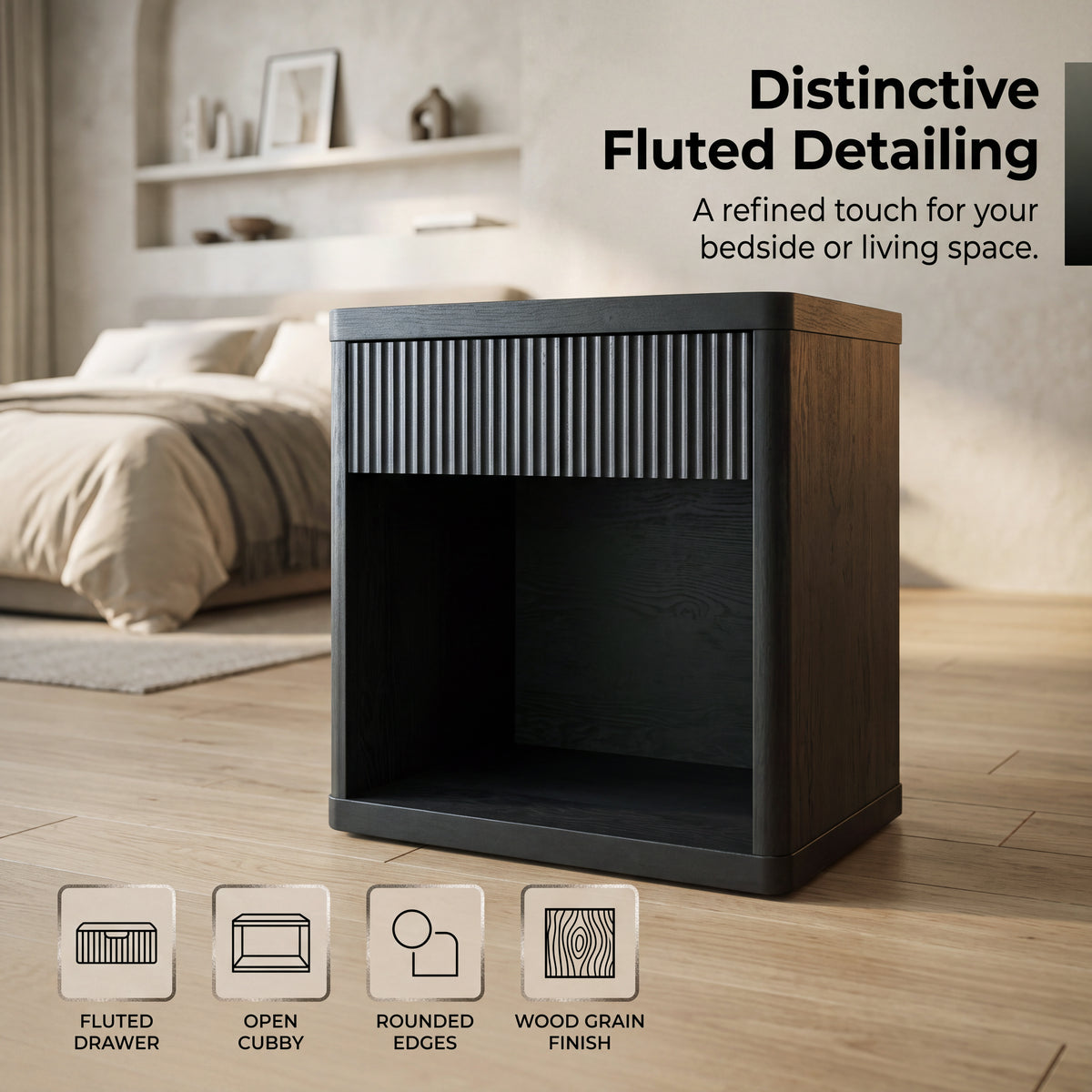 Roundhill Furniture Aria Modern Fluted Nightstand, Side Table