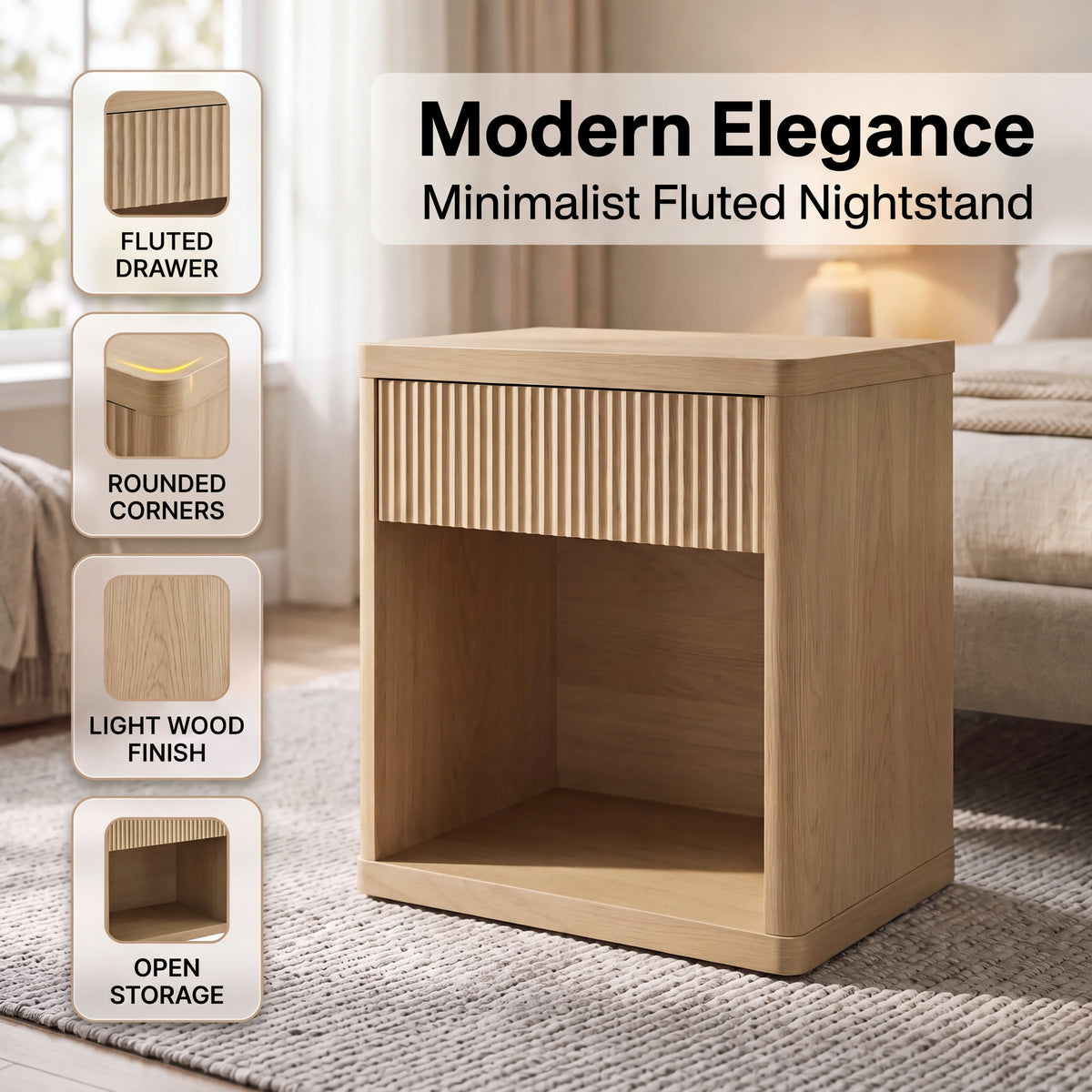 Roundhill Furniture Aria Modern Fluted Nightstand, Side Table
