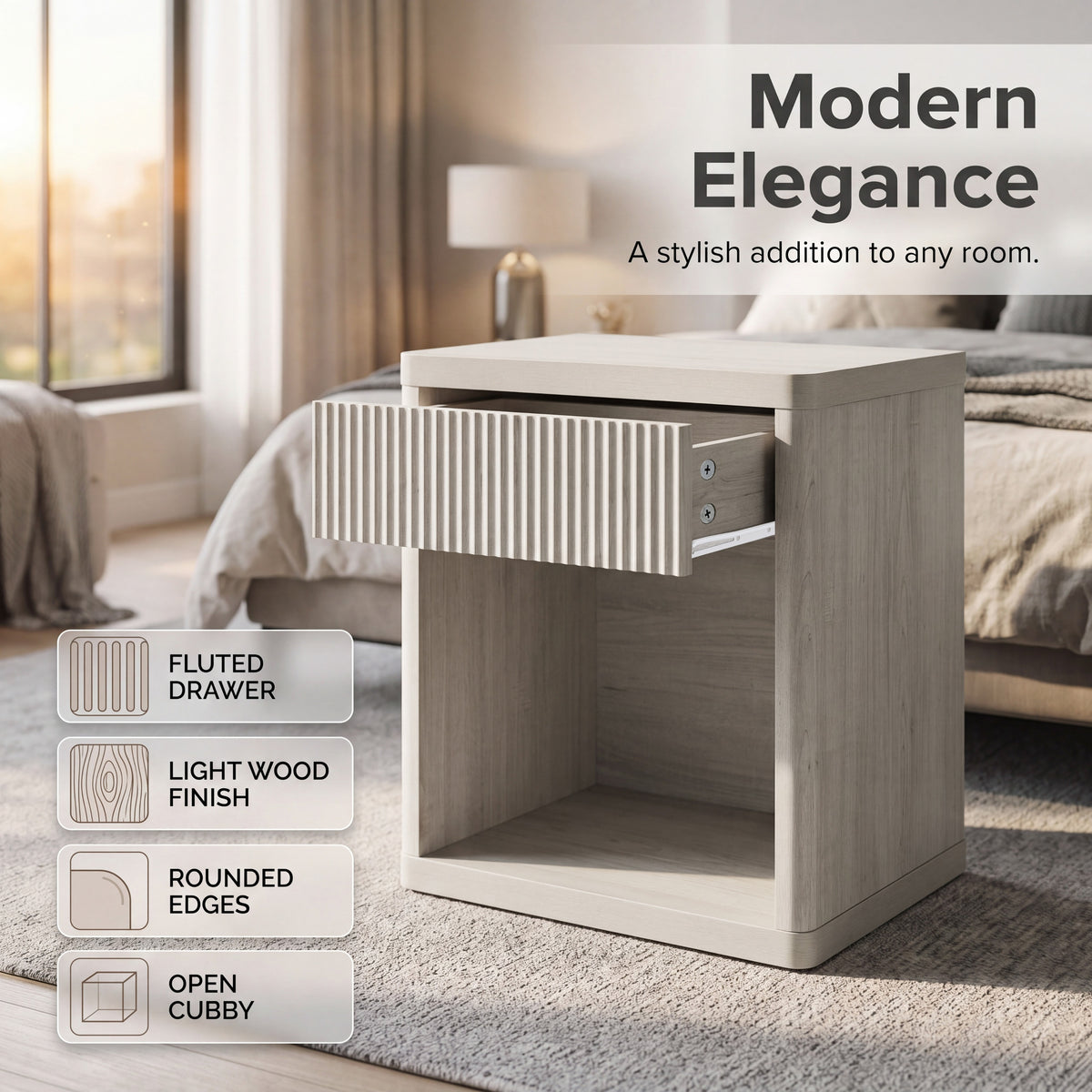 Roundhill Furniture Aria Modern Fluted Nightstand, Side Table