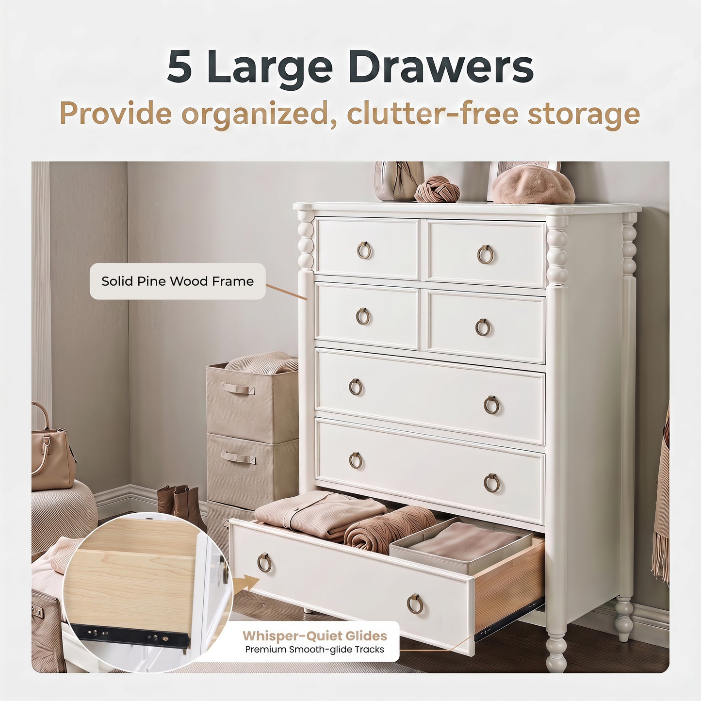 Roundhill Furniture Avellune 5-Drawer Chest, White Finish