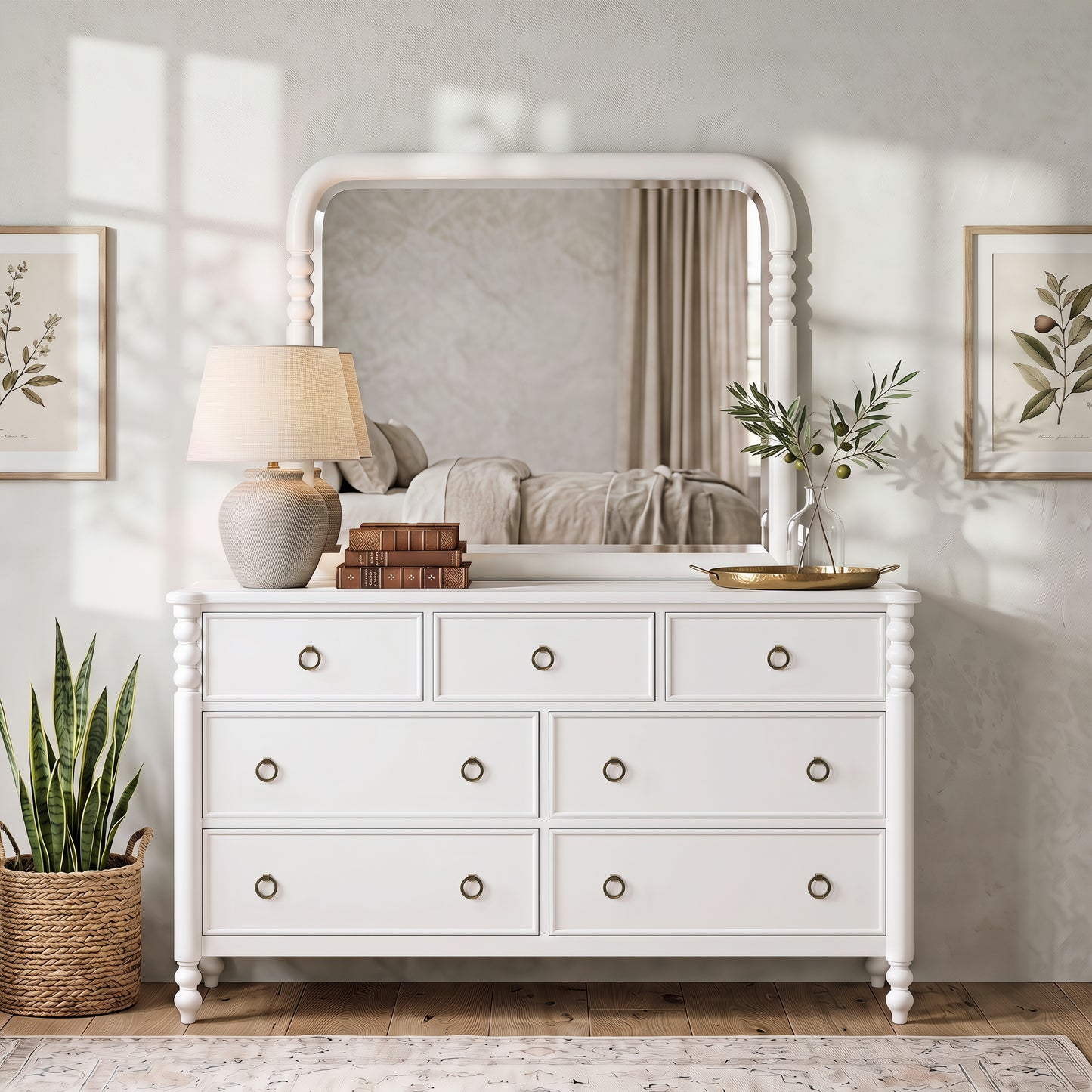 Roundhill Furniture Avellune 7-Drawer Dresser with Mirror, White Finish