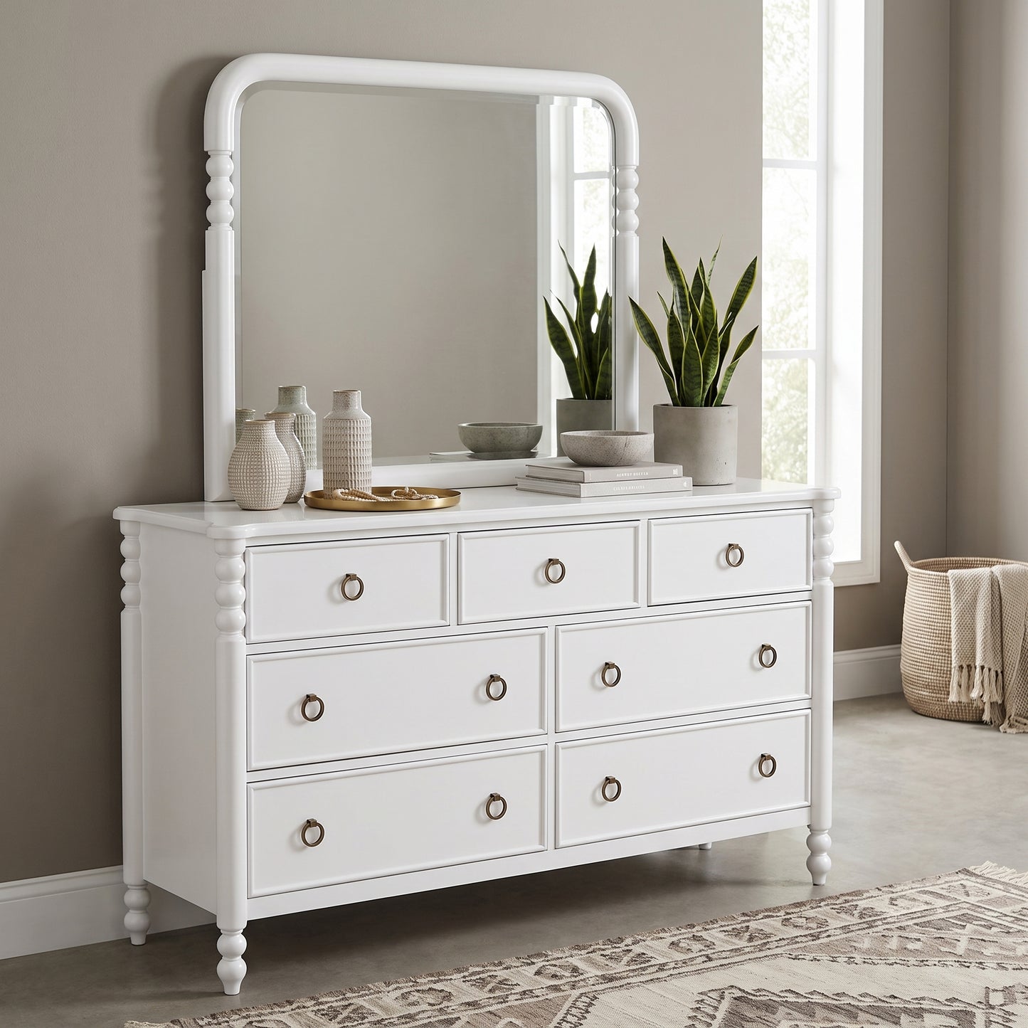 Roundhill Furniture Avellune 7-Drawer Dresser with Mirror, White Finish
