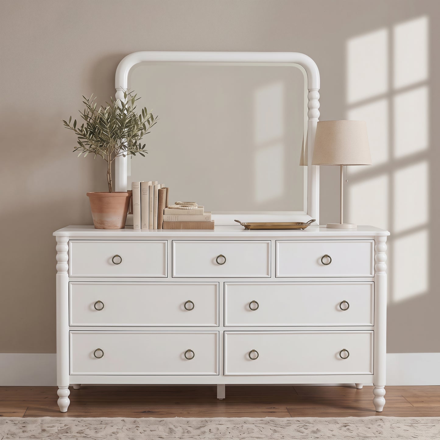 Roundhill Furniture Avellune 7-Drawer Dresser with Mirror, White Finish