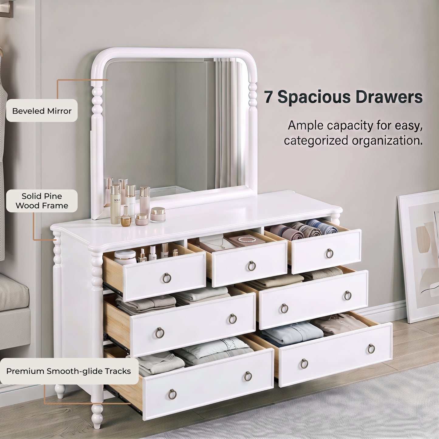 Roundhill Furniture Avellune 7-Drawer Dresser with Mirror, White Finish