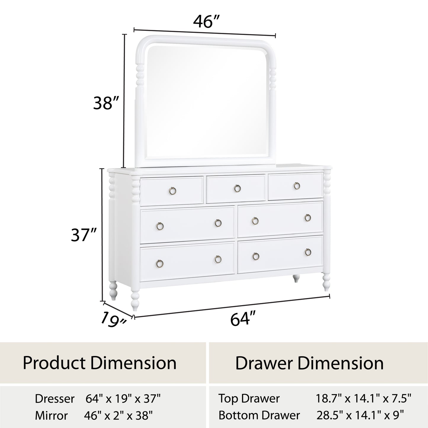 Roundhill Furniture Avellune 7-Drawer Dresser with Mirror, White Finish