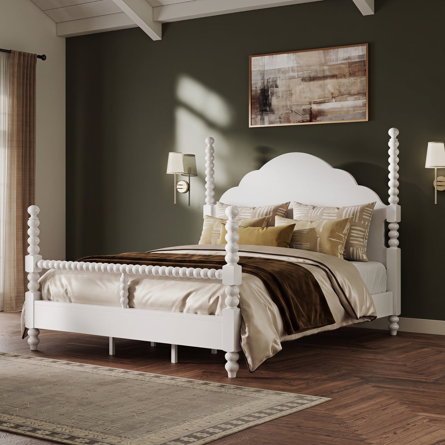 Roundhill Furniture Avellune Wood Poster Bed with  3 Interchangeable Post Heights, Scalloped Headboard, White Finish