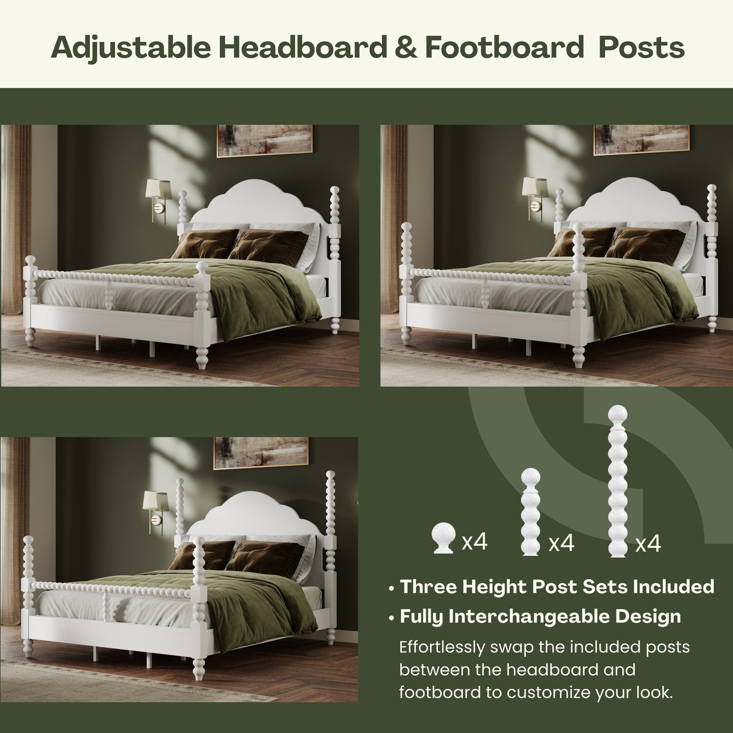 Roundhill Furniture Avellune Bedroom Collection: Poster Bed with 3 Interchangeable Post Heights, White Finish