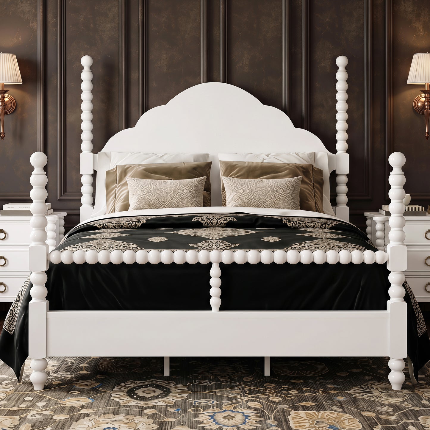 Roundhill Furniture Avellune Wood Poster Bed with  3 Interchangeable Post Heights, Scalloped Headboard, White Finish